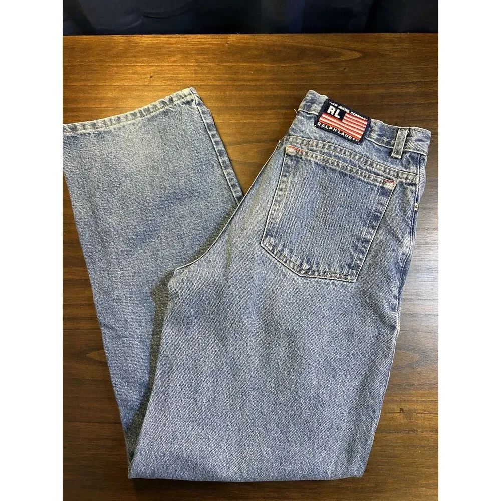 Vintage Polo Jeans Ralph Lauren Kids Size 18 Blue Wide Leg Jeans USA Flag Patch